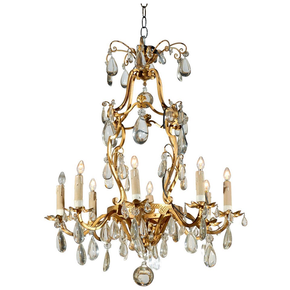 Eight-Light Crystal and Bronze Chandelier For Sale