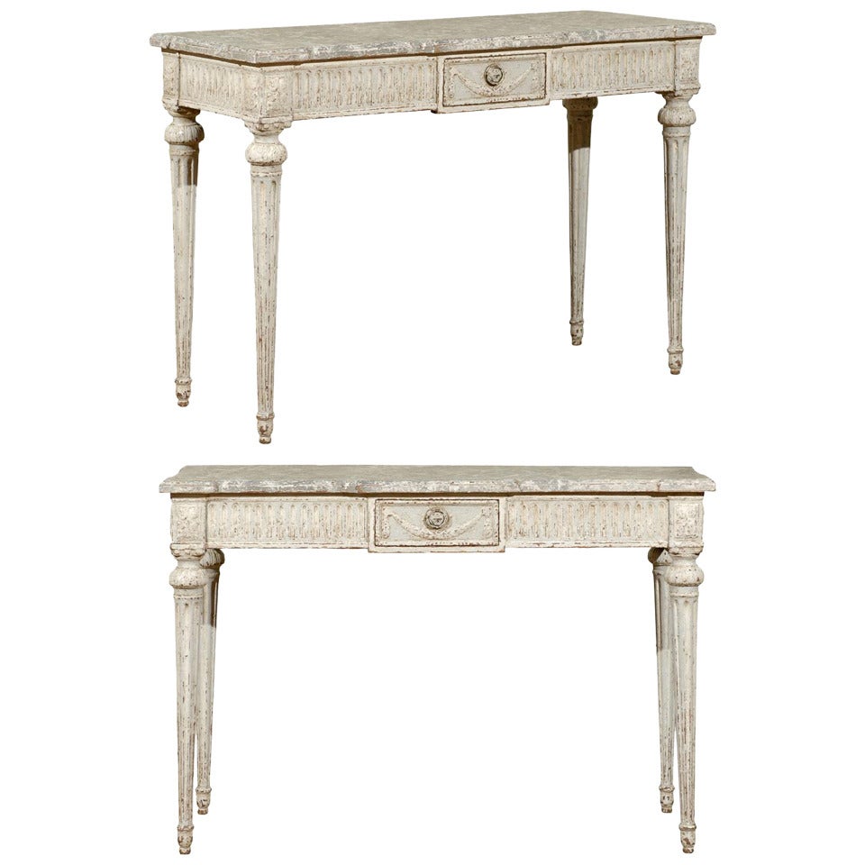Pair of pale gray painted classical Louis XVI style consoles. For Sale