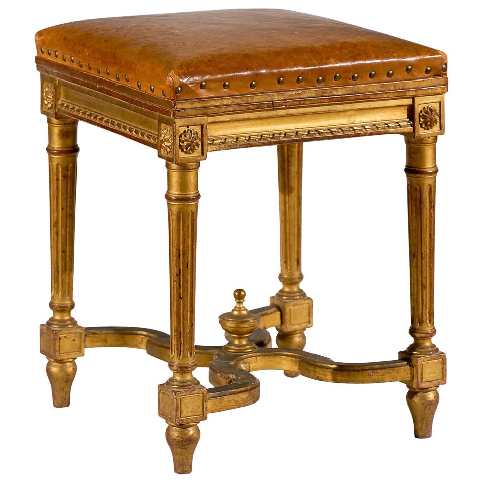French Giltwood Bench with Leather Top