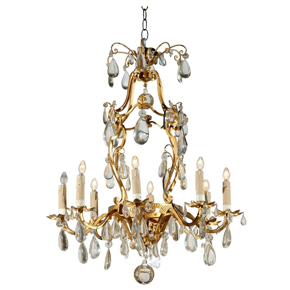 Eight Light Crystal and Bronze Chandelier