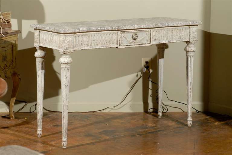 French Pair of pale gray painted classical Louis XVI style consoles. For Sale