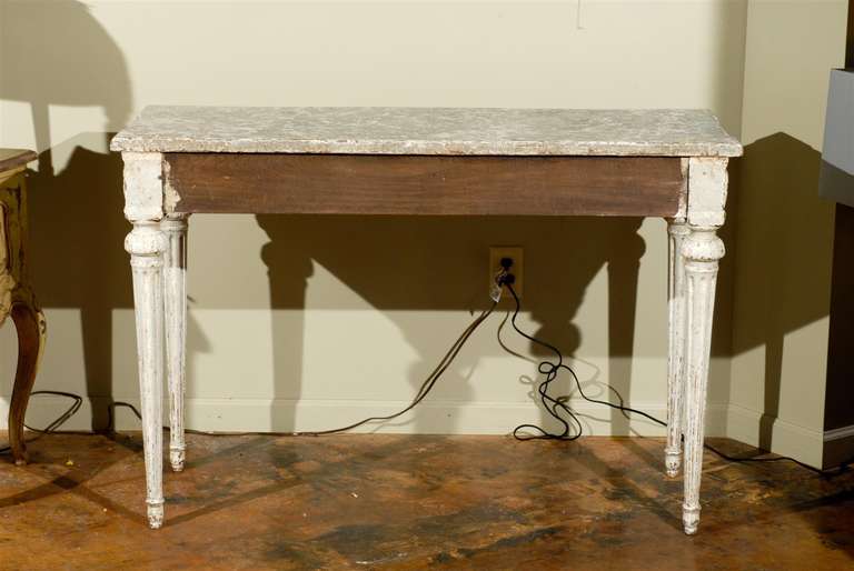 Pair of pale gray painted classical Louis XVI style consoles. For Sale 6