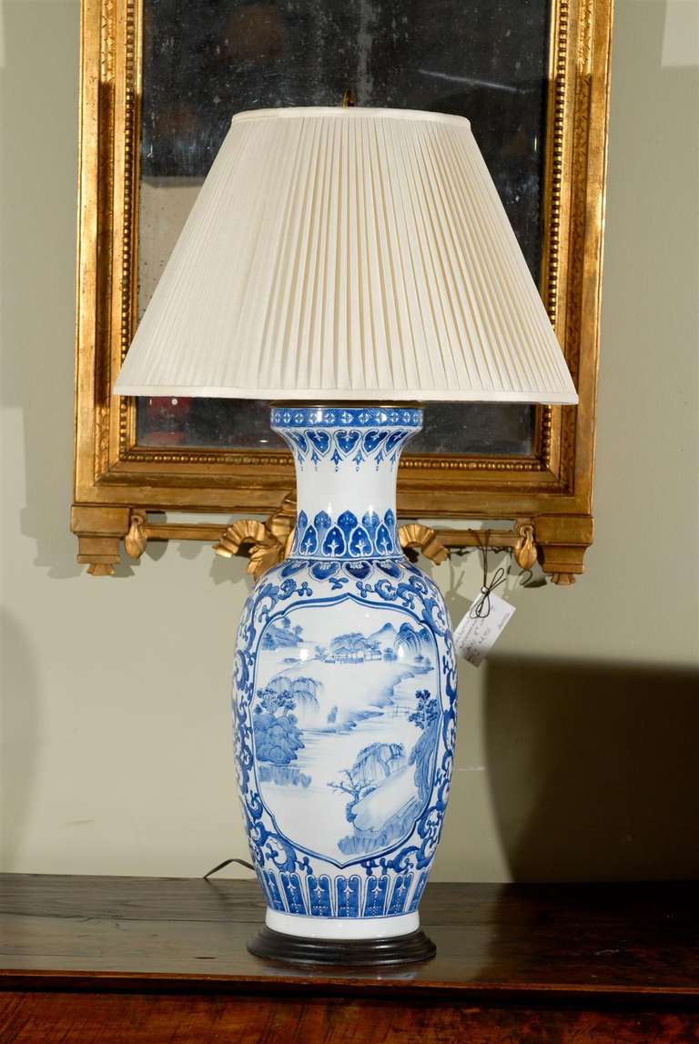 Inconnu Paire de lampes anciennes en porcelaine bleue et blanche