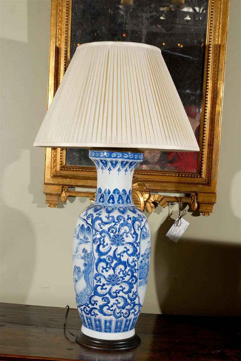 Paire de lampes anciennes en porcelaine bleue et blanche 5