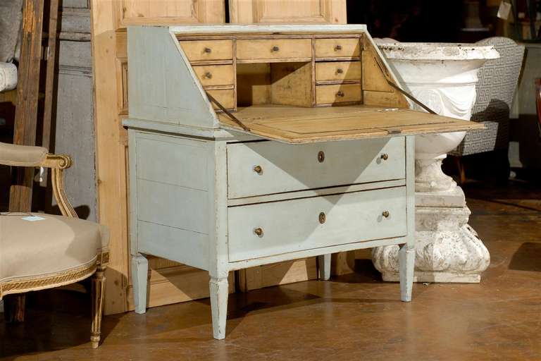 French Painted Writing Desk with Slant Front and Multiple Drawers