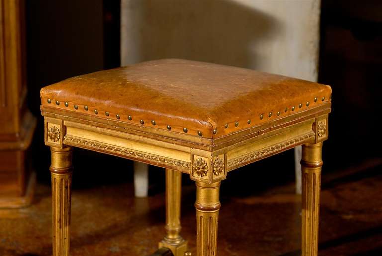 19th Century French Giltwood Bench with Leather Top
