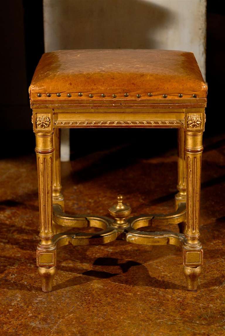 French Giltwood Bench with Leather Top 2