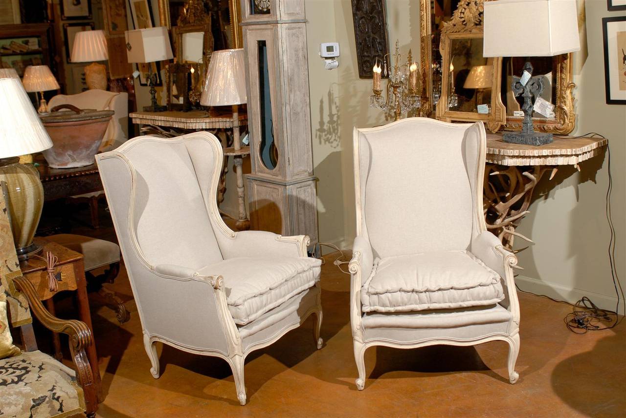 French Pair of Early 20th Century Louis XV Style Paint Decorated Upholstered Bergeres