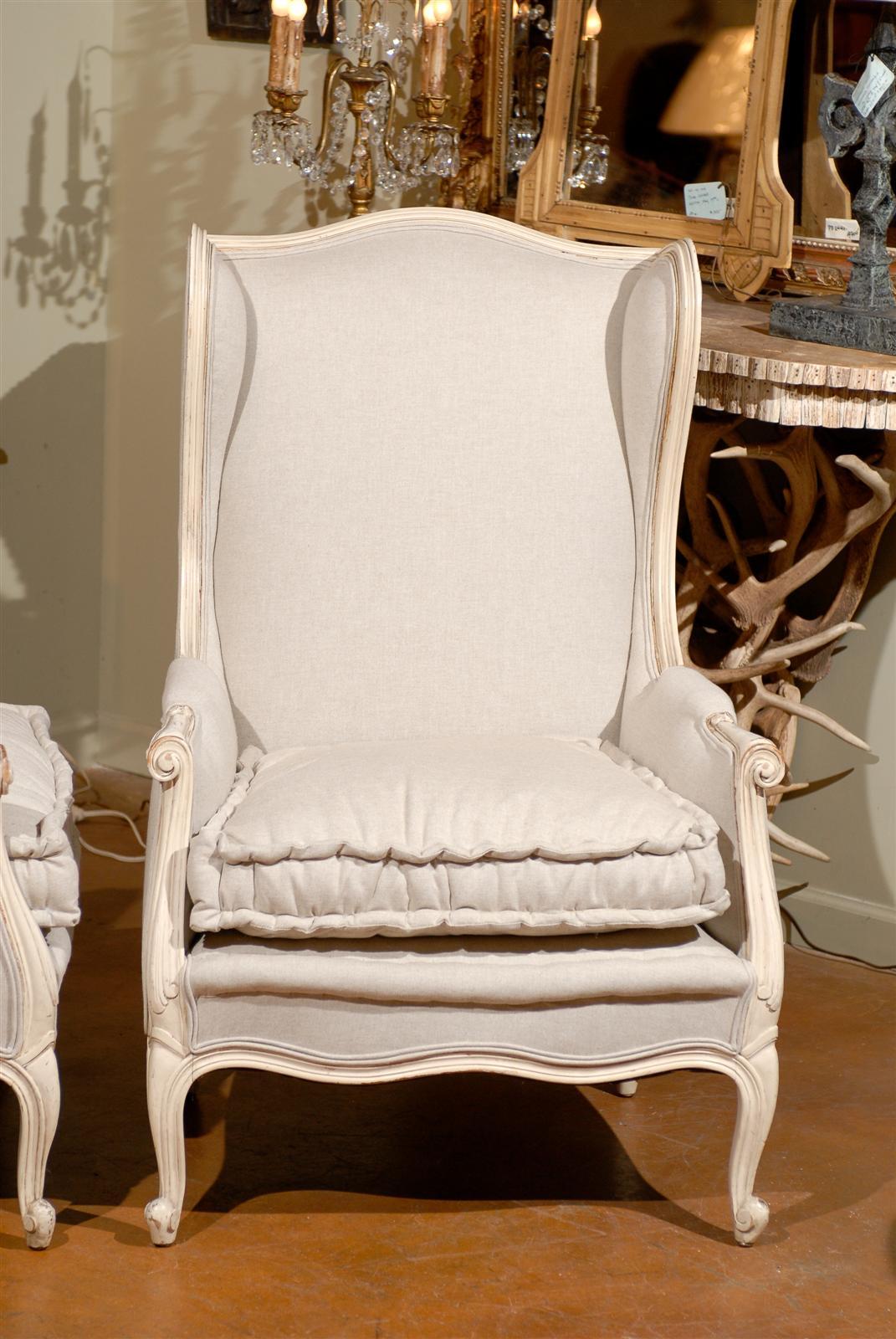 Pair of Early 20th Century Louis XV Style Paint Decorated Upholstered Bergeres 1