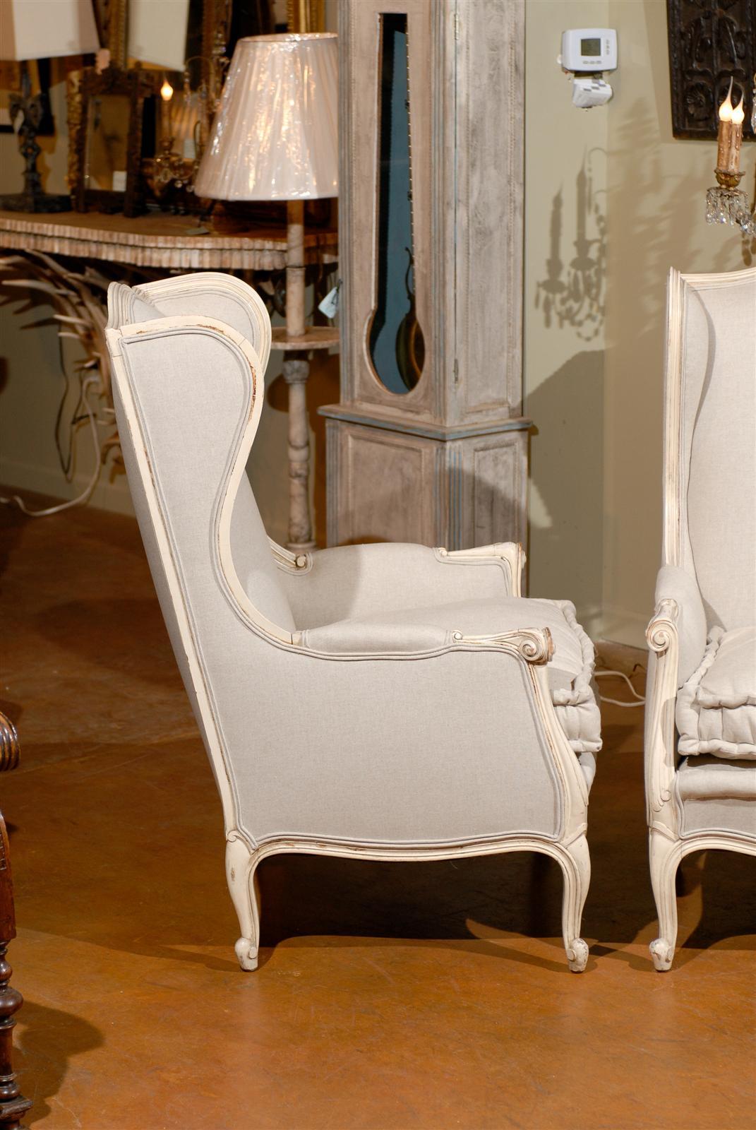 Pair of Early 20th Century Louis XV Style Paint Decorated Upholstered Bergeres 2