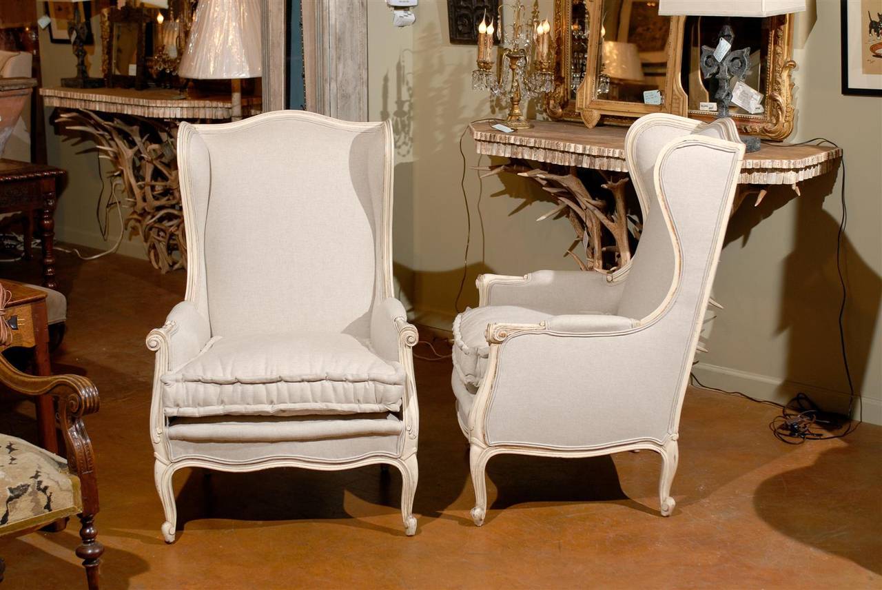 Pair of Early 20th Century Louis XV Style Paint Decorated Upholstered Bergeres 6