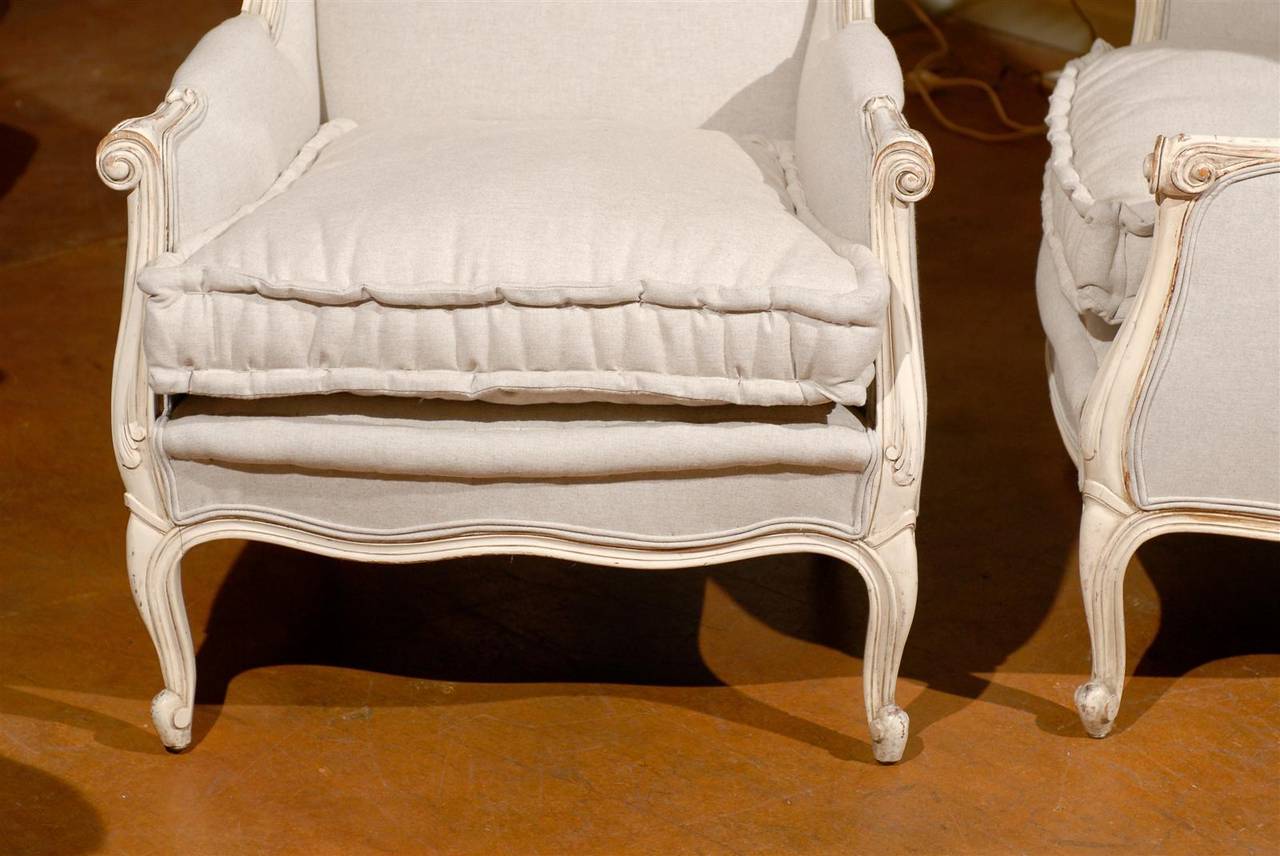 Pair of Early 20th Century Louis XV Style Paint Decorated Upholstered Bergeres 3