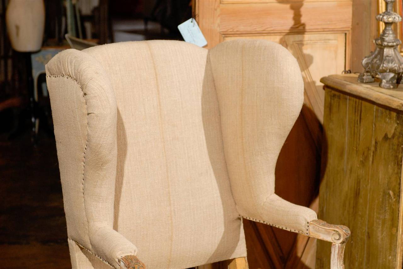 19th Century French Giltwood Upholstered Wing Chair 3