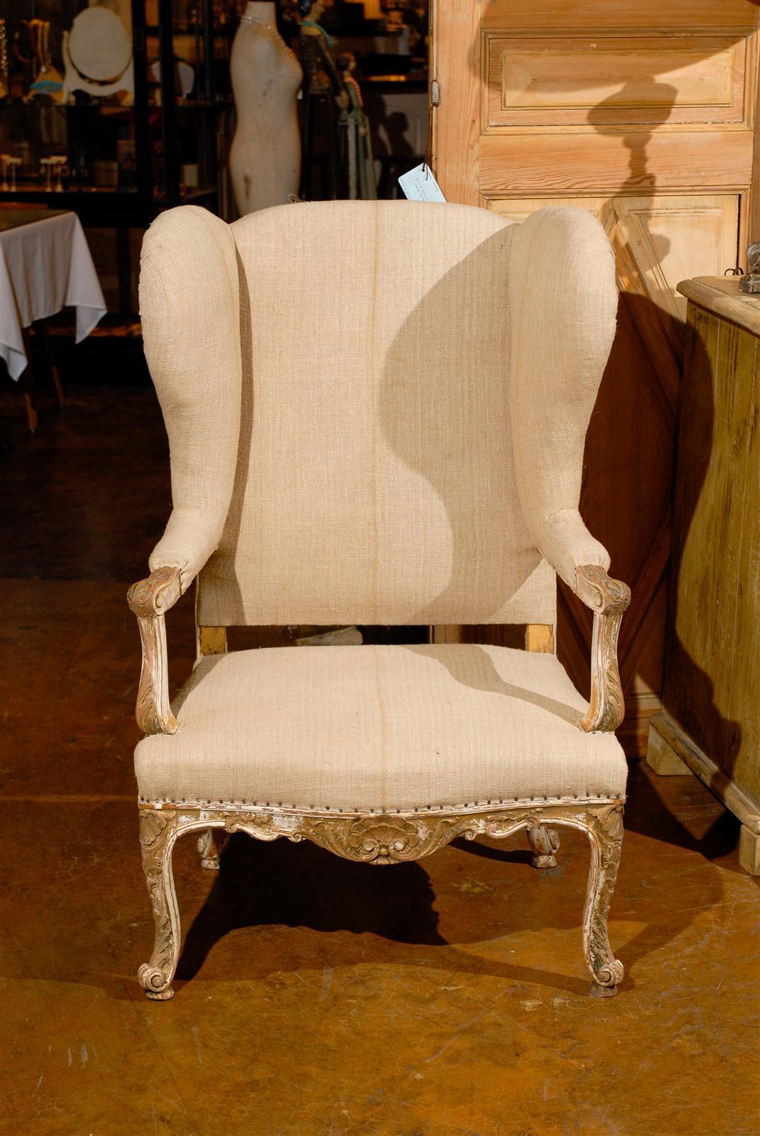 19th Century French Giltwood Upholstered Wing Chair 5