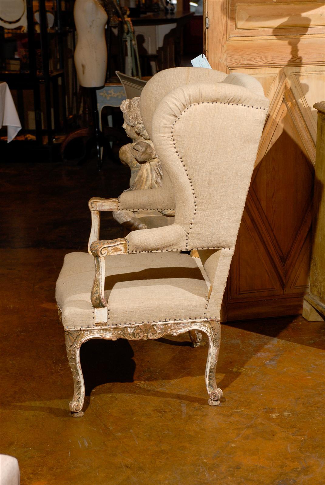 19th Century French Giltwood Upholstered Wing Chair 1