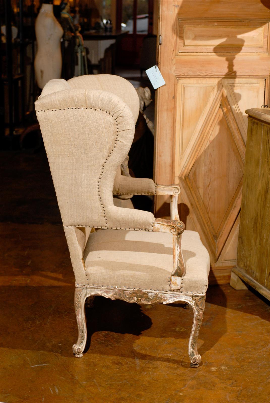 19th Century French Giltwood Upholstered Wing Chair 2