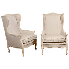 Pair of Early 20th Century Louis XV Style Paint Decorated Upholstered Bergeres