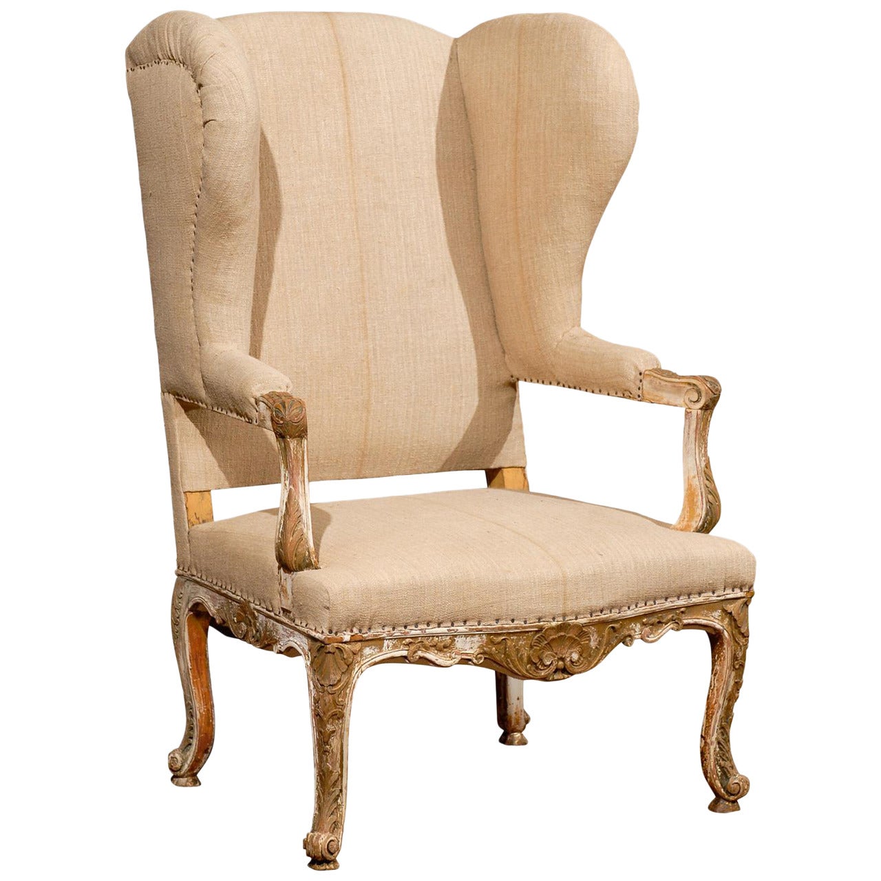 19th Century French Giltwood Upholstered Wing Chair