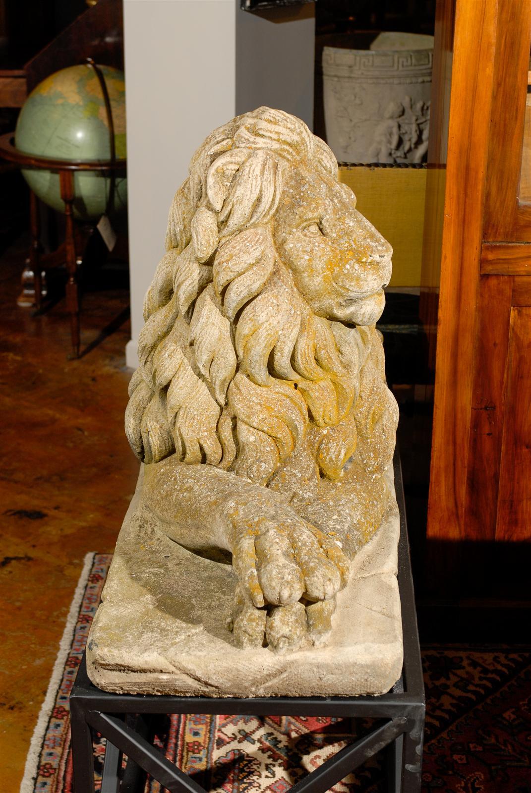 Cast Stone Pair of Recumbent Facing Lions