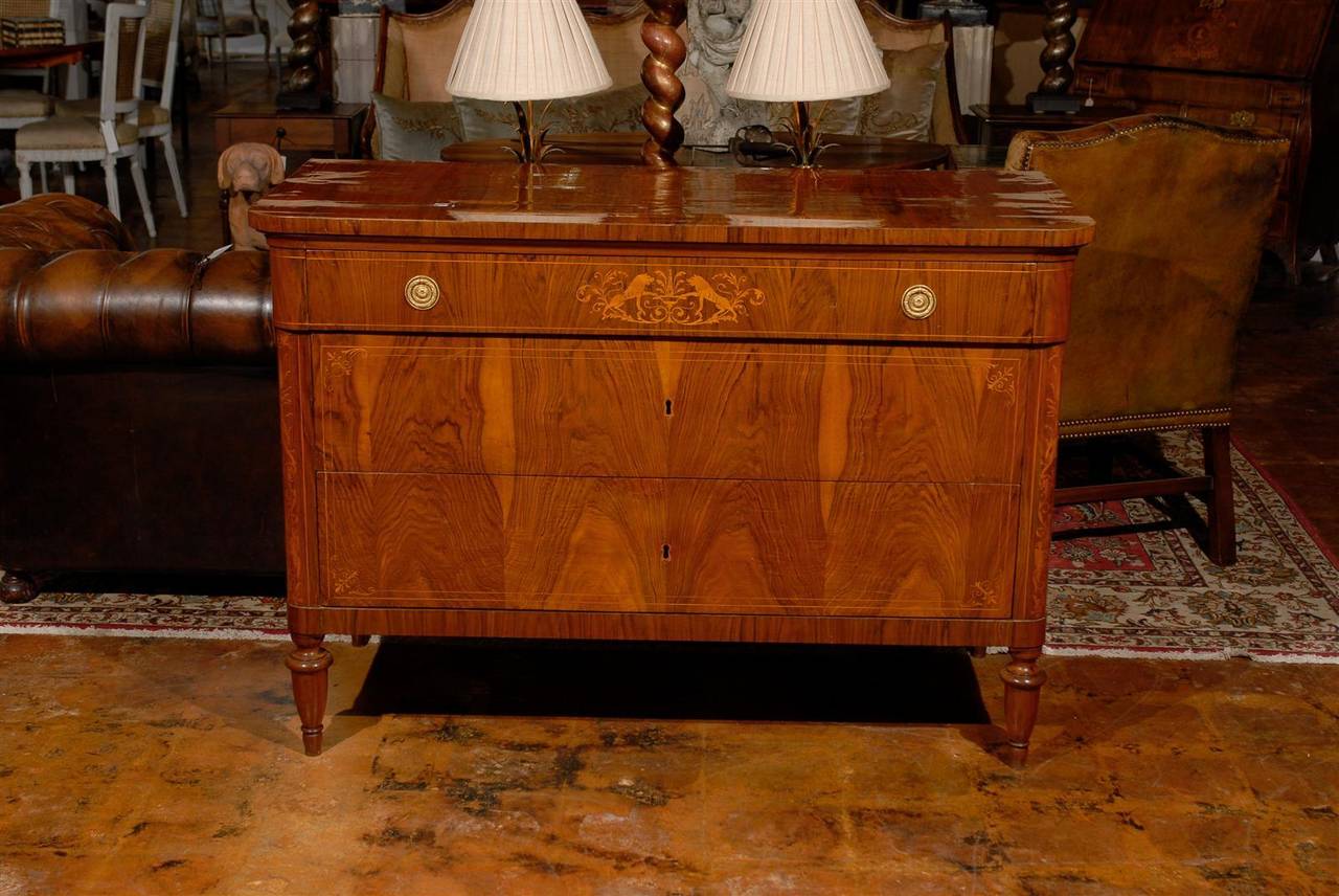 Pair of Neoclassical Three-Drawer Commodes with Marquetry from Tuscan Estate. 1