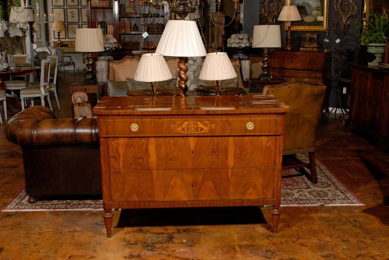 Italian Pair of Neoclassical Three-Drawer Commodes with Marquetry from Tuscan Estate.