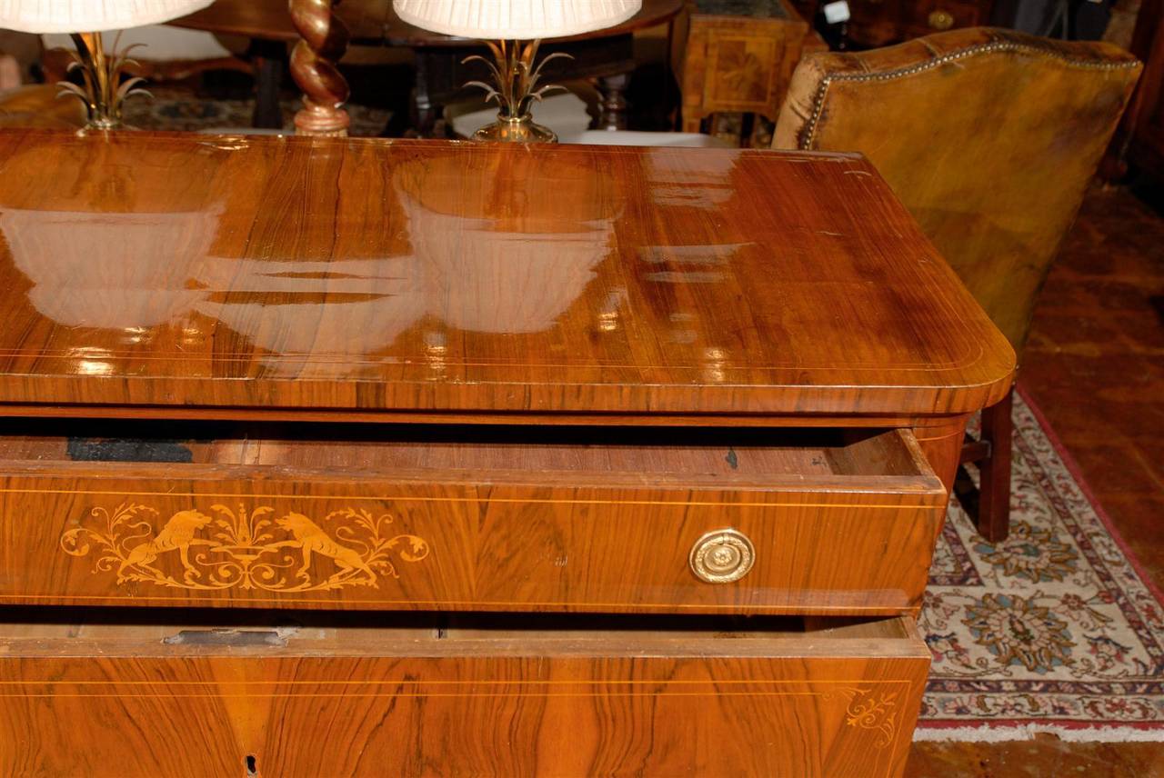 Poplar Pair of Neoclassical Three-Drawer Commodes with Marquetry from Tuscan Estate.