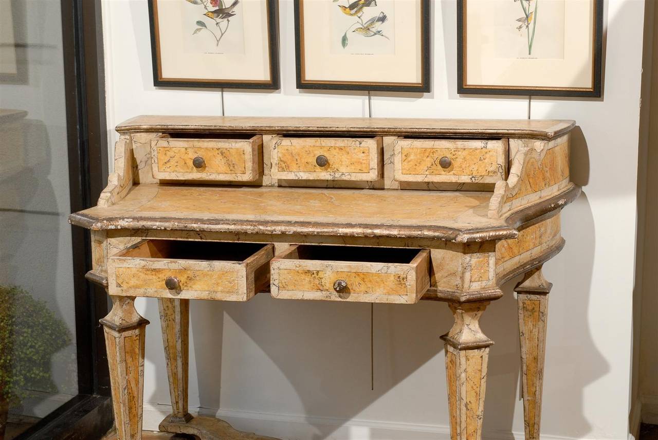 Painted Baroque Style Florentine Marbleized Desk with Five Drawers For Sale