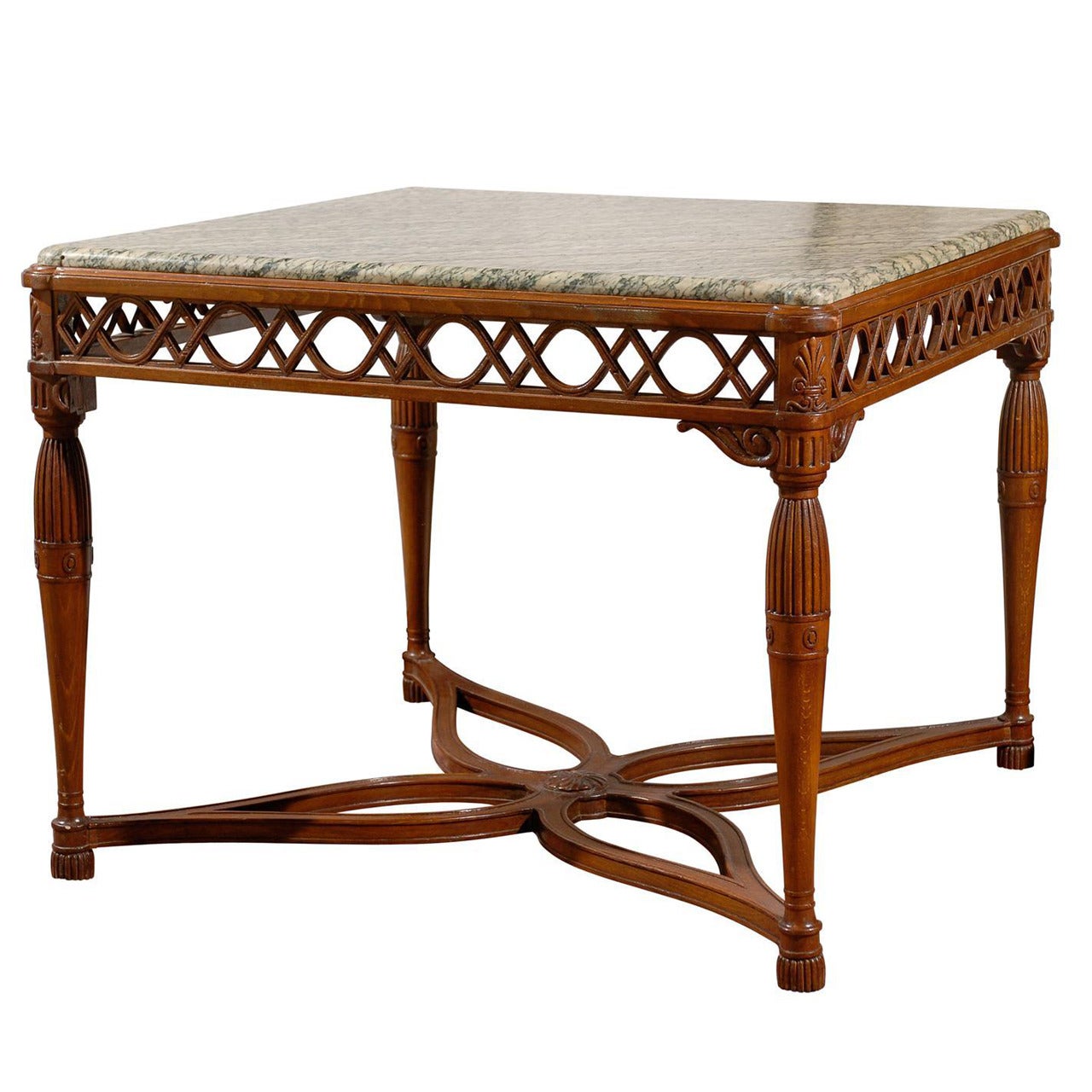 1820s Italian Walnut Marble-Top Center Table with Pierced Apron