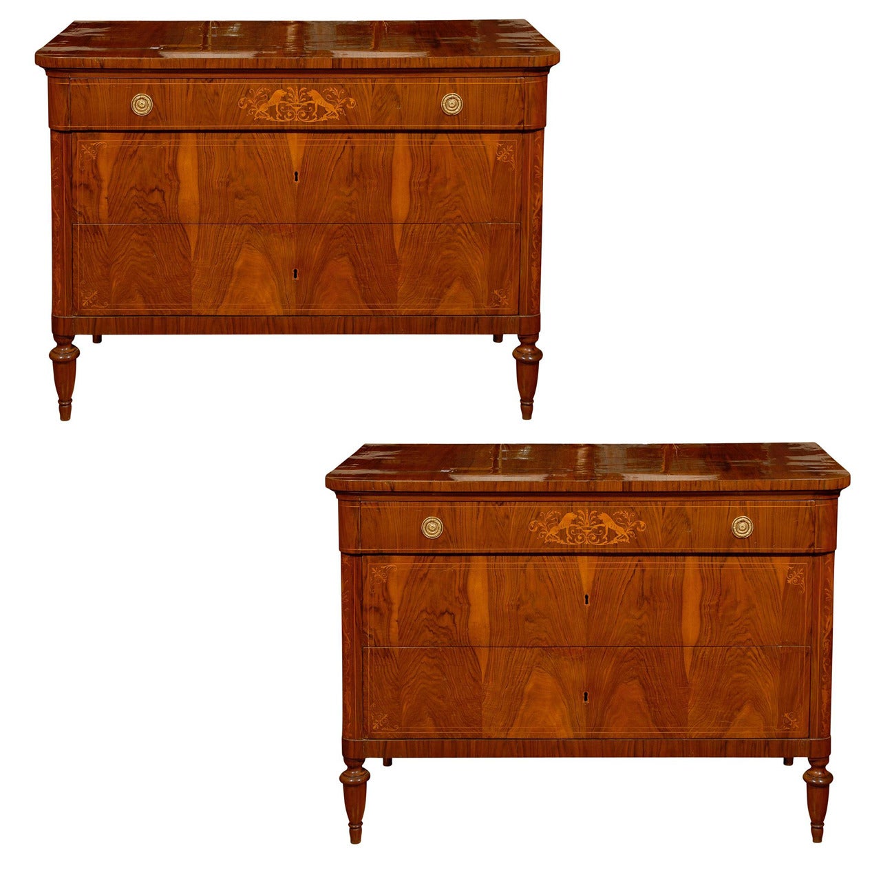 Pair of Neoclassical Three-Drawer Commodes with Marquetry from Tuscan Estate.