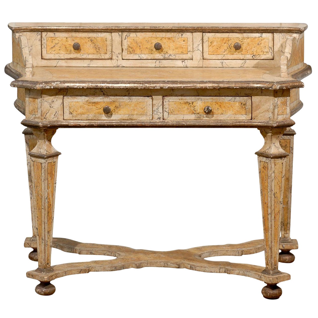 Baroque Style Florentine Marbleized Desk with Five Drawers For Sale