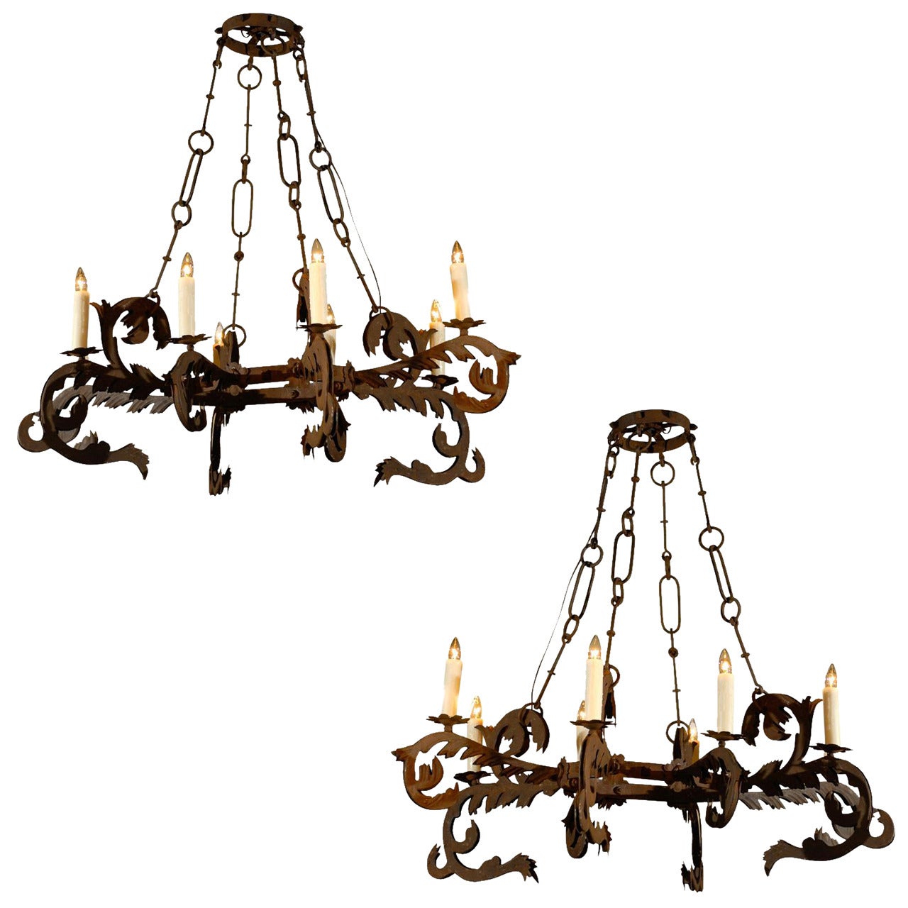 Pair of Florentine 1720s Gothic Revival Eight-Light Wrought Iron Chandeliers