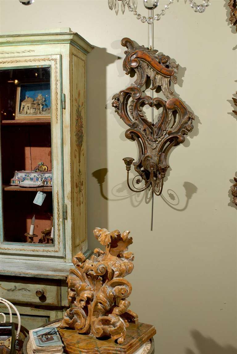 Pair of 19th Century Italian Rococo Revival 2-Light Sconces In Distressed Condition In Atlanta, GA