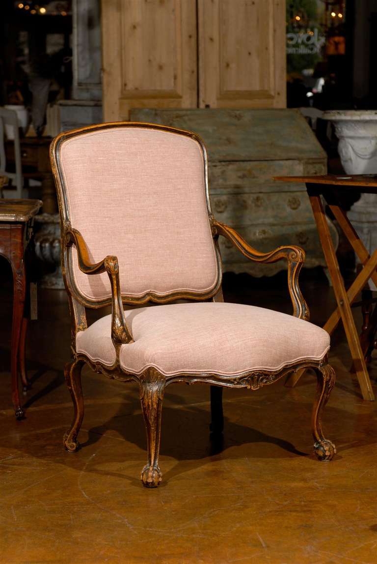 Italian Louis XV Style Walnut Upholstered Armchair with Serpentine Skirt  In Excellent Condition In Atlanta, GA