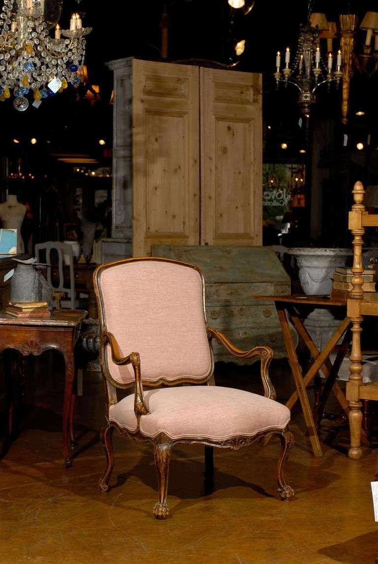 19th Century Italian Louis XV Style Walnut Upholstered Armchair with Serpentine Skirt 