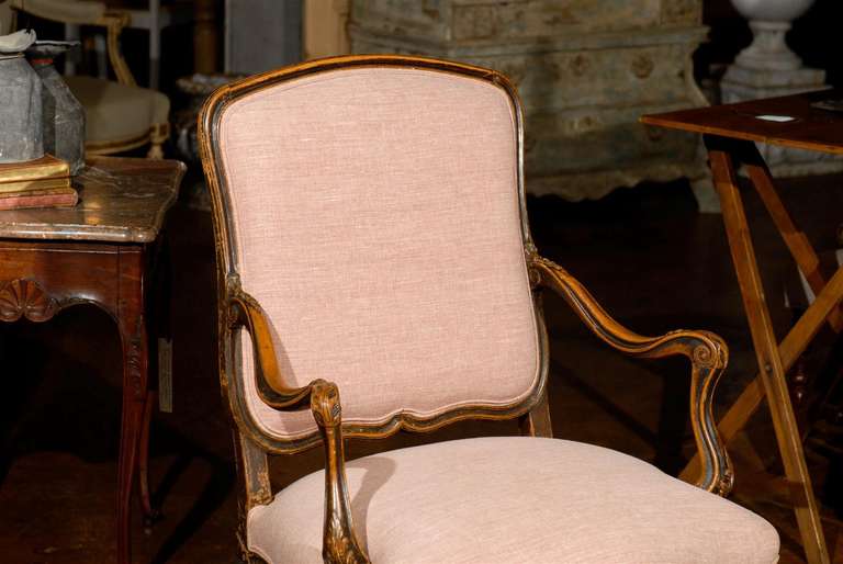 Upholstery Italian Louis XV Style Walnut Upholstered Armchair with Serpentine Skirt 