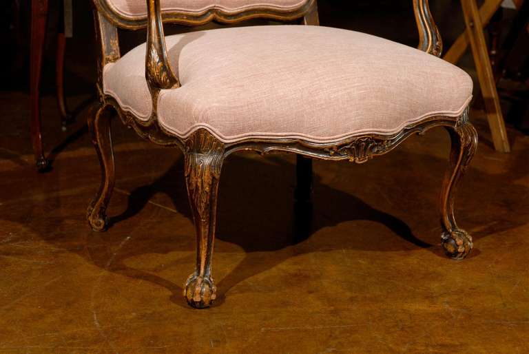 Italian Louis XV Style Walnut Upholstered Armchair with Serpentine Skirt  1