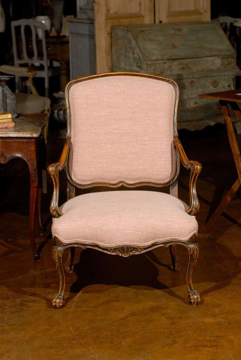 Italian Louis XV Style Walnut Upholstered Armchair with Serpentine Skirt  4