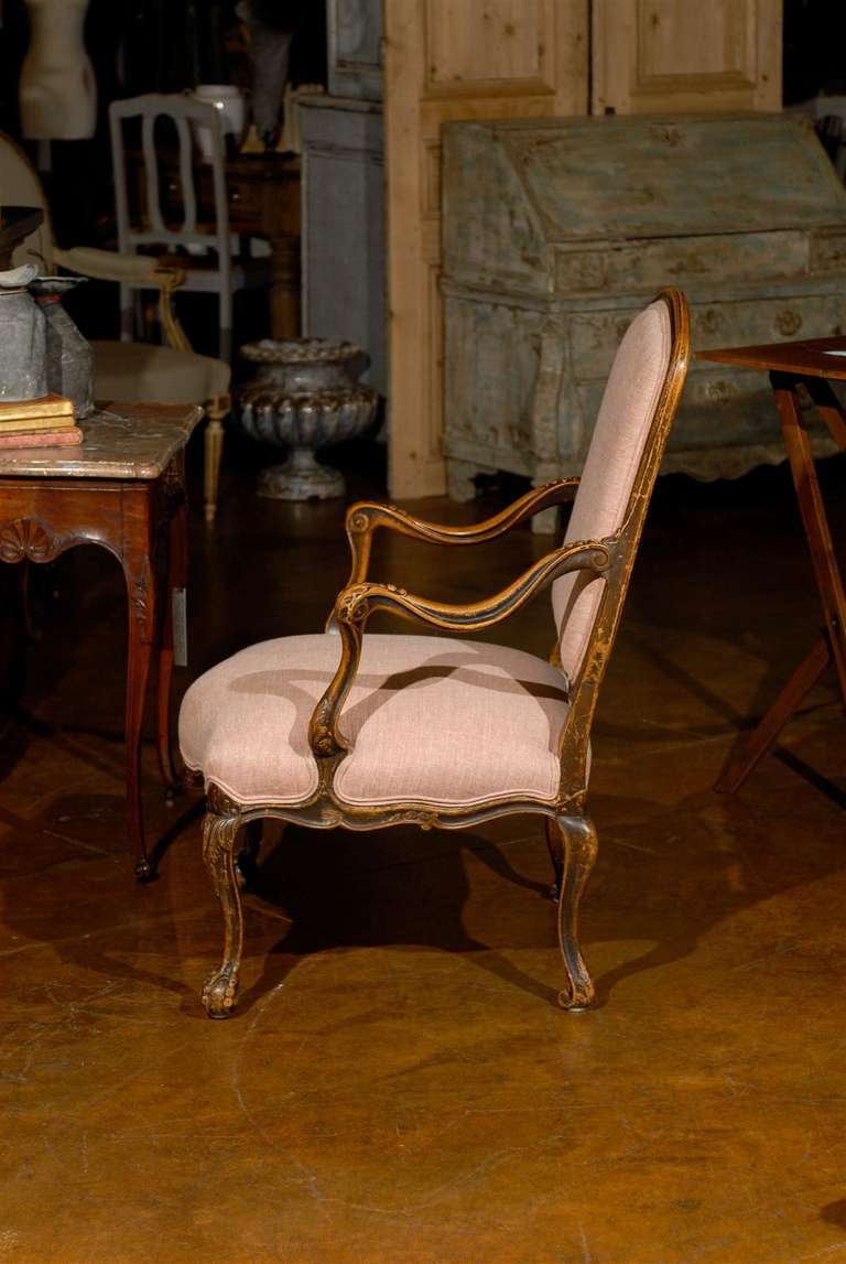 Italian Louis XV Style Walnut Upholstered Armchair with Serpentine Skirt  5