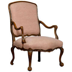 Italian Louis XV Style Walnut Upholstered Armchair with Serpentine Skirt 
