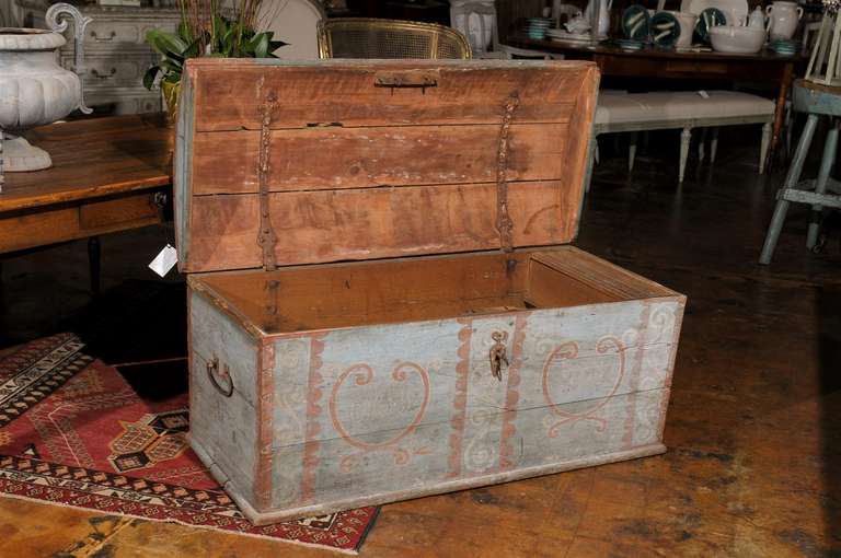 18th Century and Earlier Late 18th Century Swedish Pine Trunk with Blue Paint