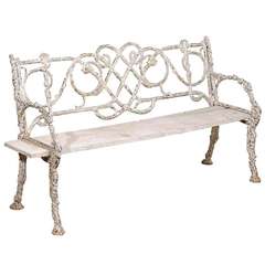 Antique Painted Cast Iron Bench with Wood Plank Seat