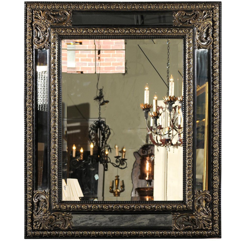 French Ebony Mirror with Blackened Wood and Worked Brass Frame