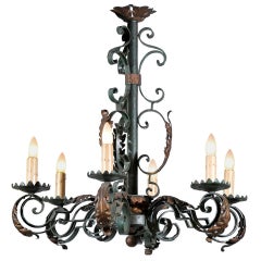 Large French Iron Paint Decorated 6-Light Chandelier