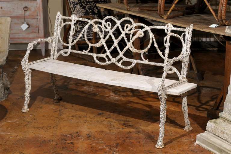 Antique Painted Cast Iron Bench with Wood Plank Seat