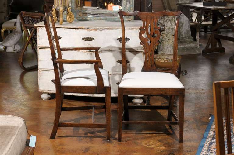 Upholstery Set of Eight English Chippendale Style Oak Dining Room Chairs with Pierced Splat