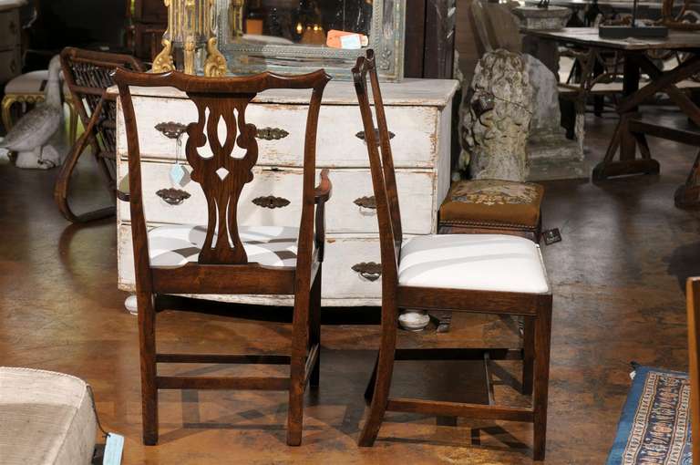 Set of Eight English Chippendale Style Oak Dining Room Chairs with Pierced Splat 1