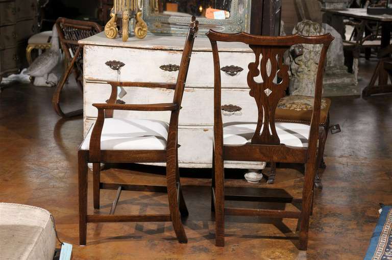 Set of Eight English Chippendale Style Oak Dining Room Chairs with Pierced Splat 3