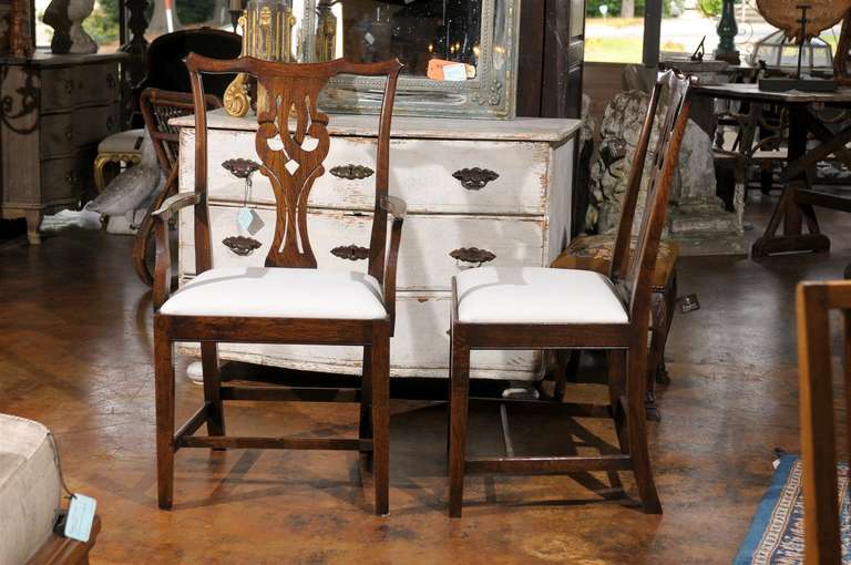 Set of Eight English Chippendale Style Oak Dining Room Chairs with Pierced Splat 4