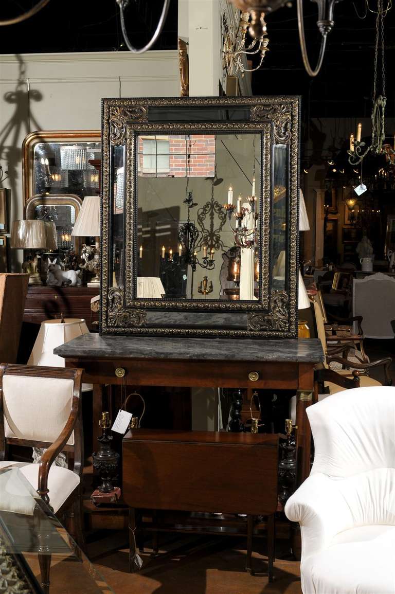 French Ebony Mirror with Blackened Wood and Worked Brass Frame In Excellent Condition In Atlanta, GA