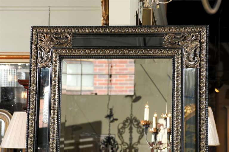 19th Century French Ebony Mirror with Blackened Wood and Worked Brass Frame
